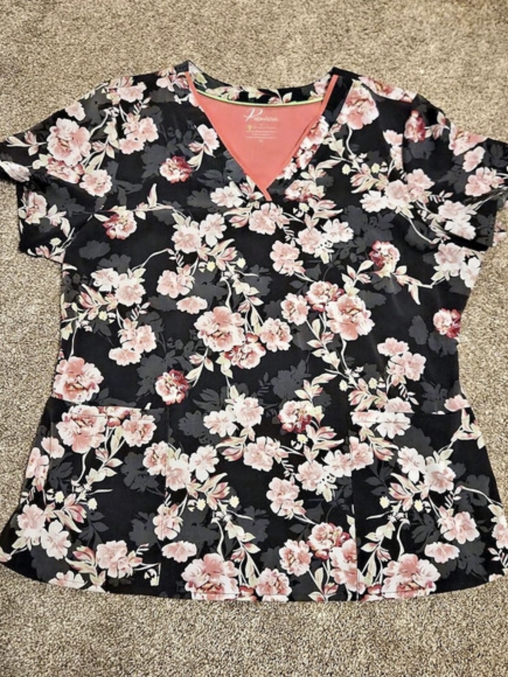 Premiere by Healing Hands Floral V-Neck Tunic in Black & Pink Size XL Like New